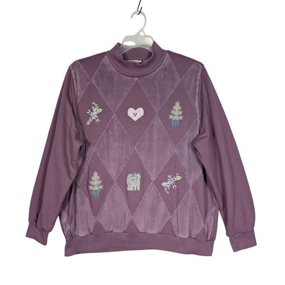 Alfred Dunner 2X Purple Velour Mock Neck Floral Embroidered Sweatshirt Cat Heart - Picture 1 of 7